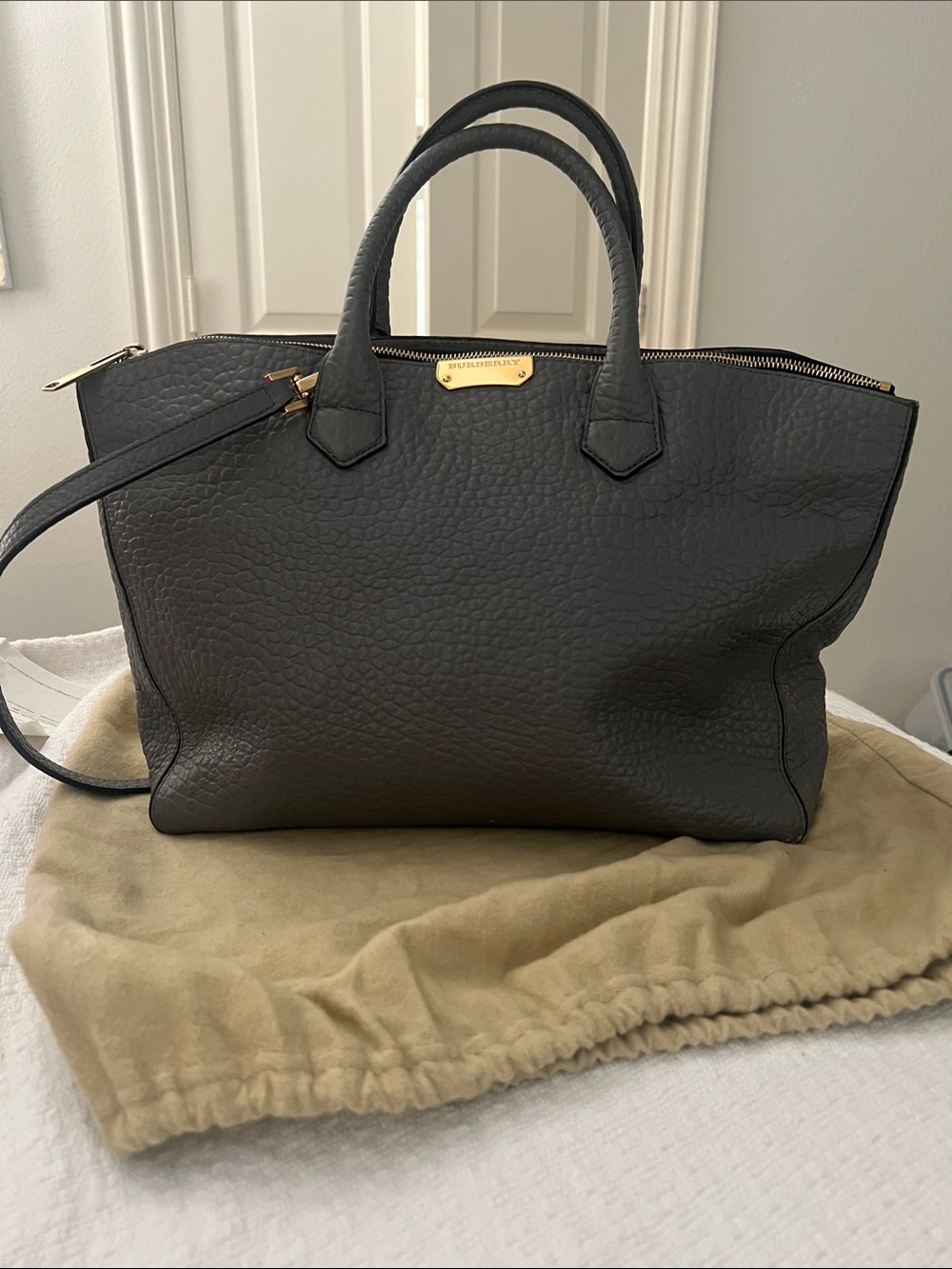 Burberry Dewsbury Grey Melange Leather Tote Bag with Gold Hardware